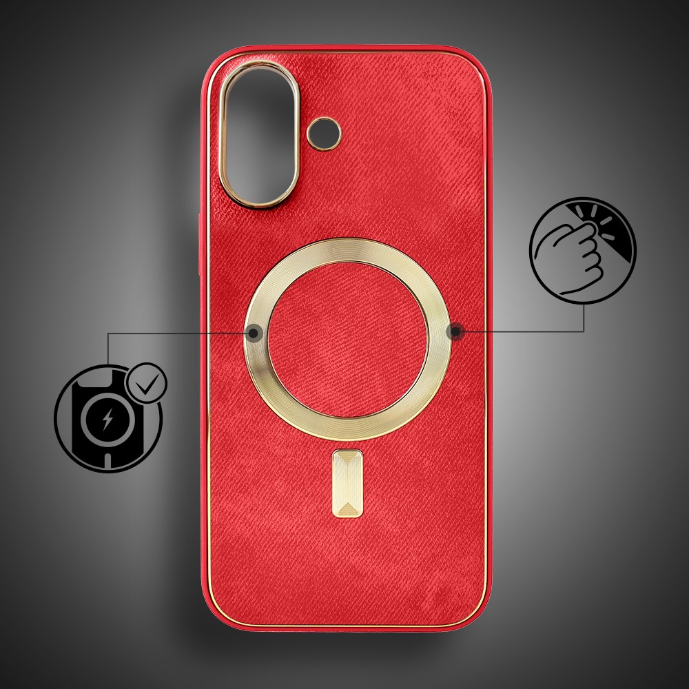 Etui do iPhone 16 Woven MagSafe Luxury, tkanina ze złotymi zdobieniami, czerwone
