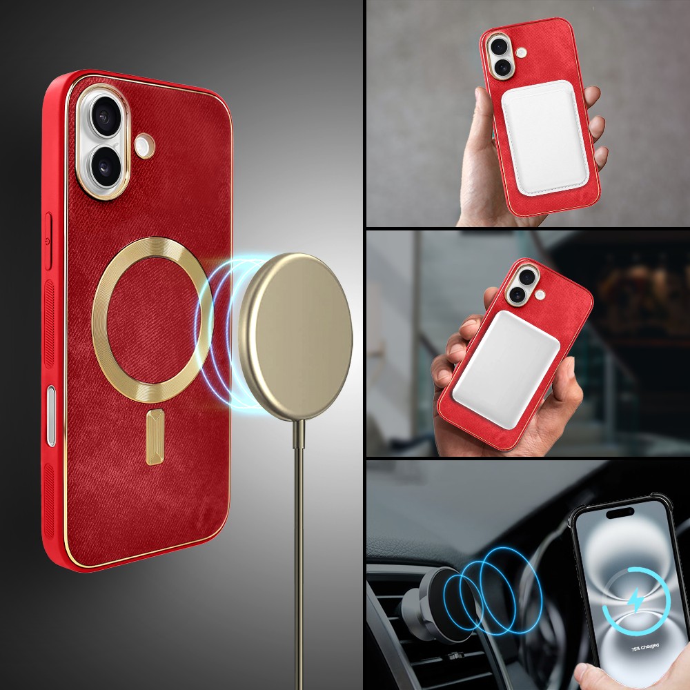 Etui do iPhone 16 Woven MagSafe Luxury, tkanina ze złotymi zdobieniami, czerwone