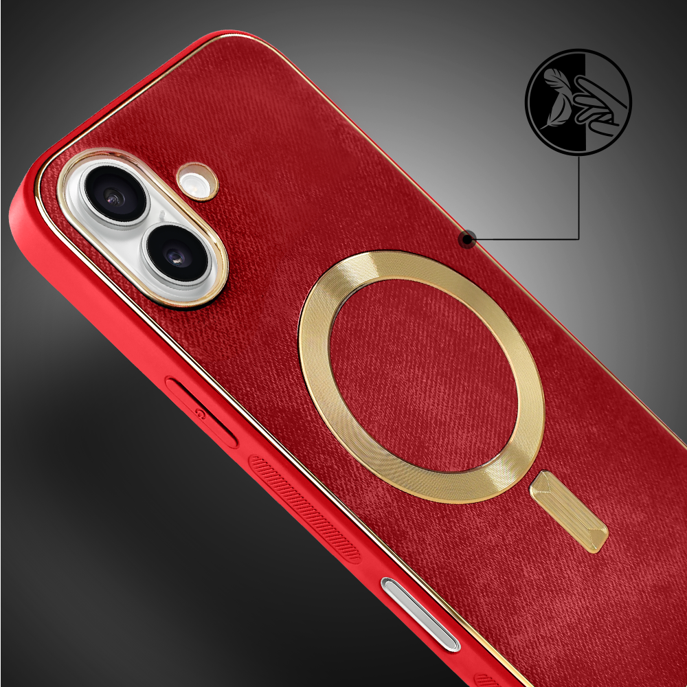 Etui do iPhone 16 Woven MagSafe Luxury, tkanina ze złotymi zdobieniami, czerwone