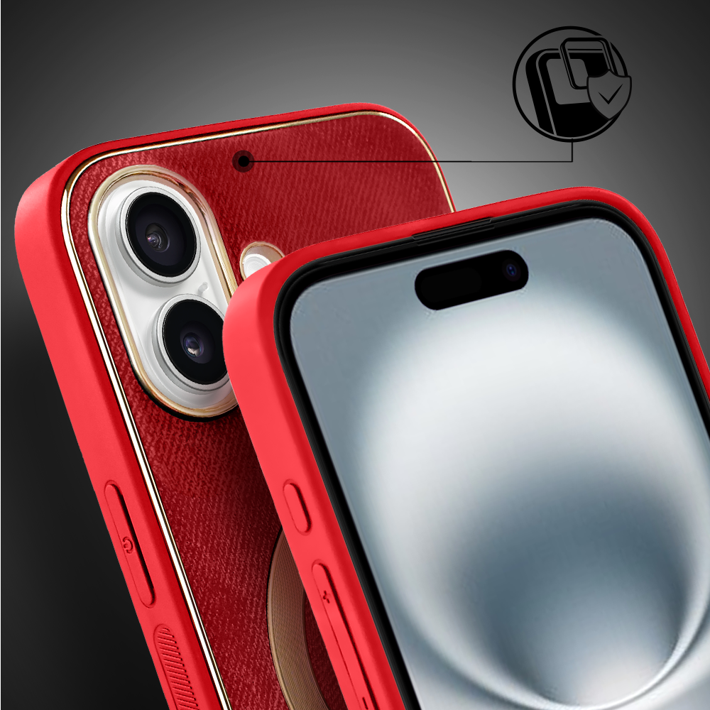 Etui do iPhone 16 Woven MagSafe Luxury, tkanina ze złotymi zdobieniami, czerwone