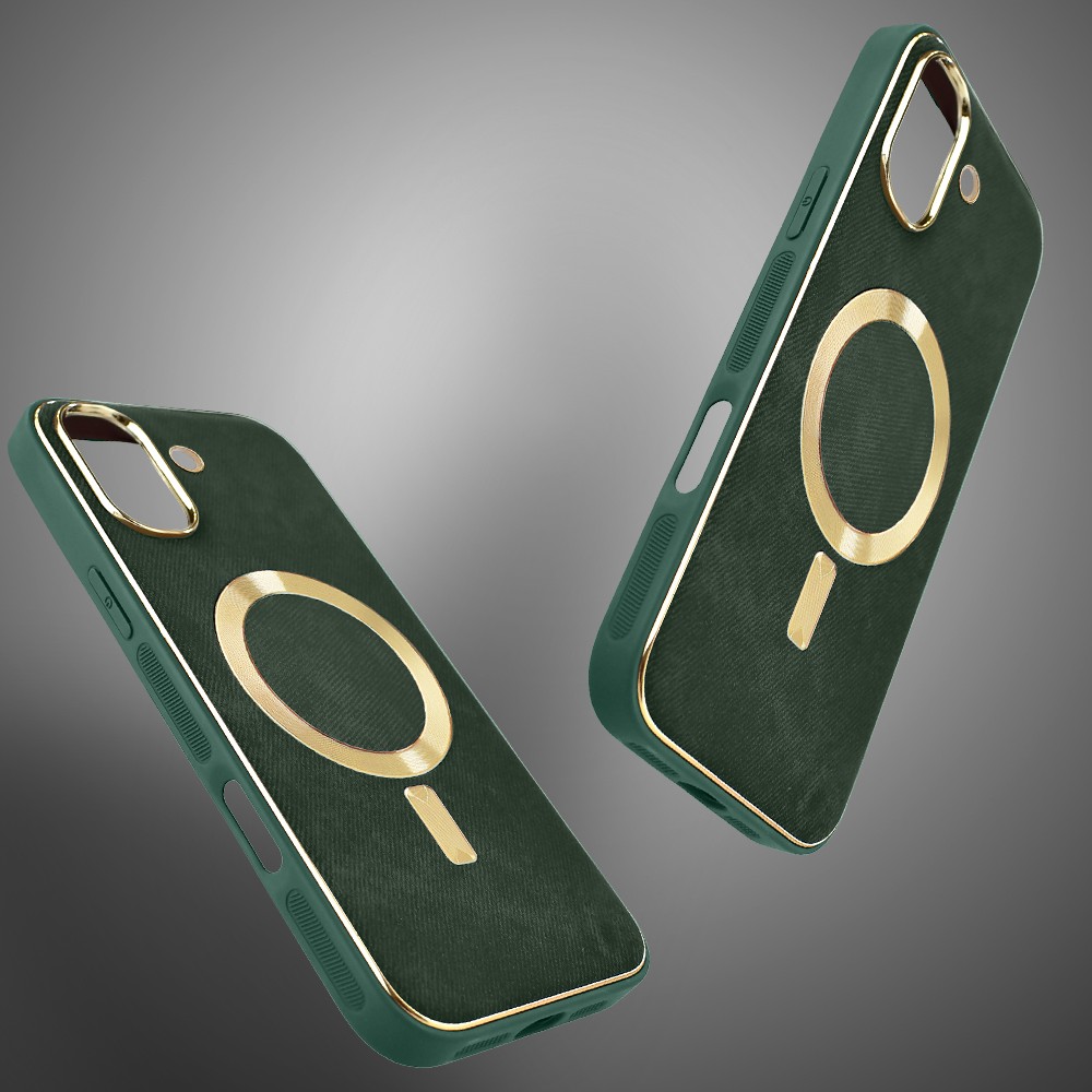 Etui do iPhone 16 Woven MagSafe Luxury, tkanina ze złotymi zdobieniami, zielone