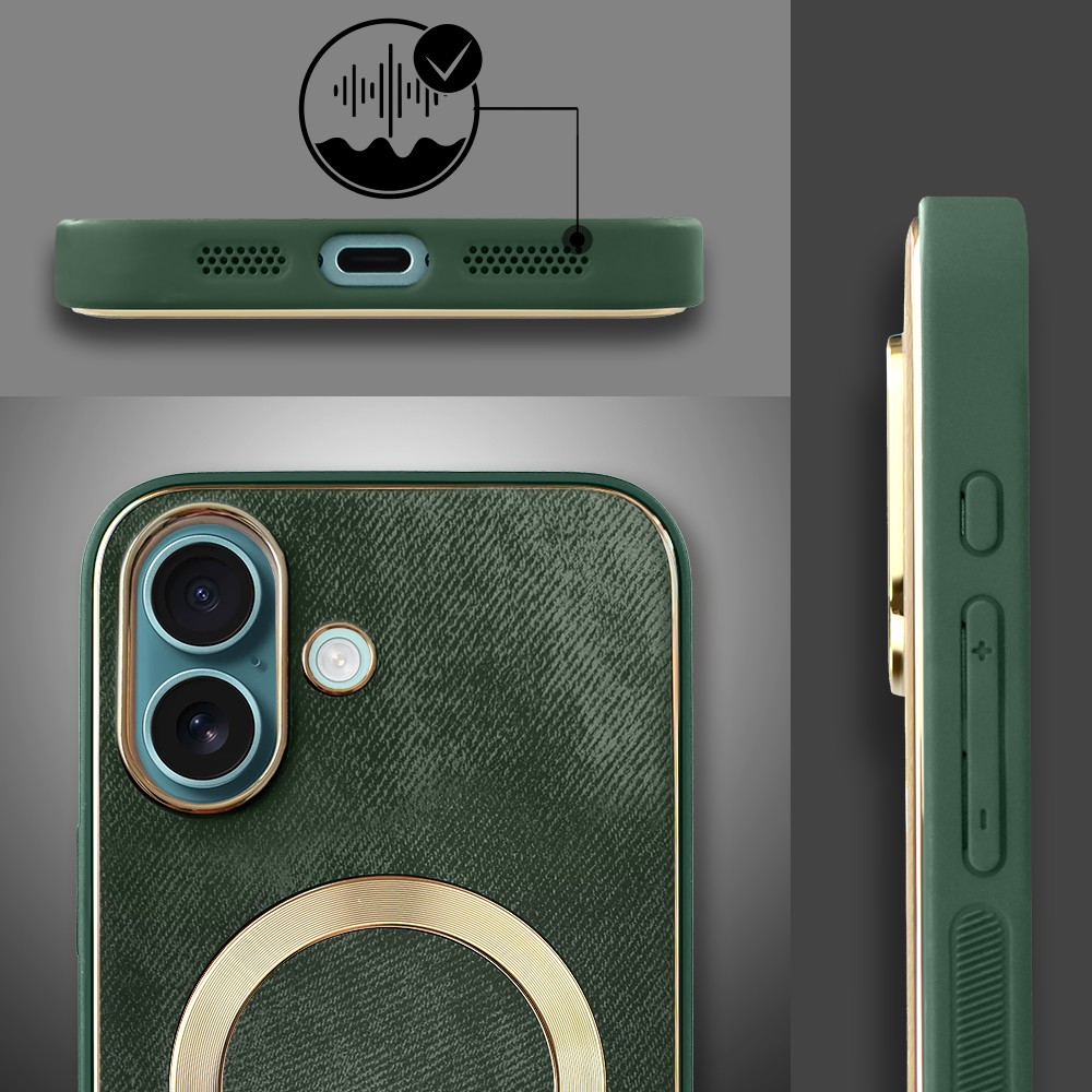 Etui do iPhone 16 Woven MagSafe Luxury, tkanina ze złotymi zdobieniami, zielone