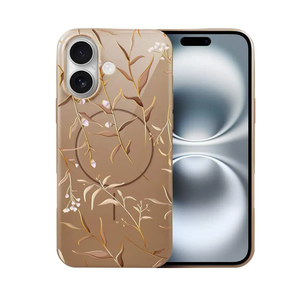 Etui do iPhone 16 Plus, elastyczne, z MagSafe, Złocisty Ogród, beżowe