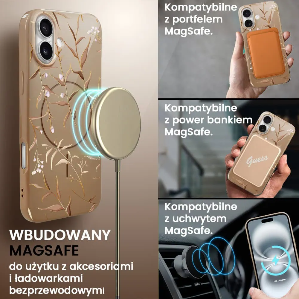 Etui do iPhone 16 Plus, elastyczne, z MagSafe, Złocisty Ogród, beżowe