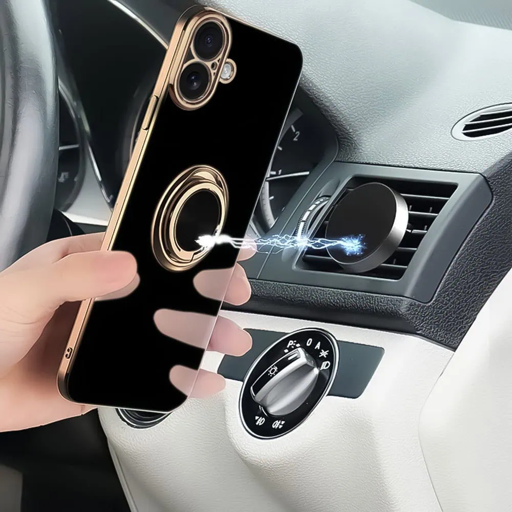 Etui do iPhone 16 eleganckie, ze złotym, metalowym uchwytem i zdobieniami, osłona na aparat, czarne (OUTLET)