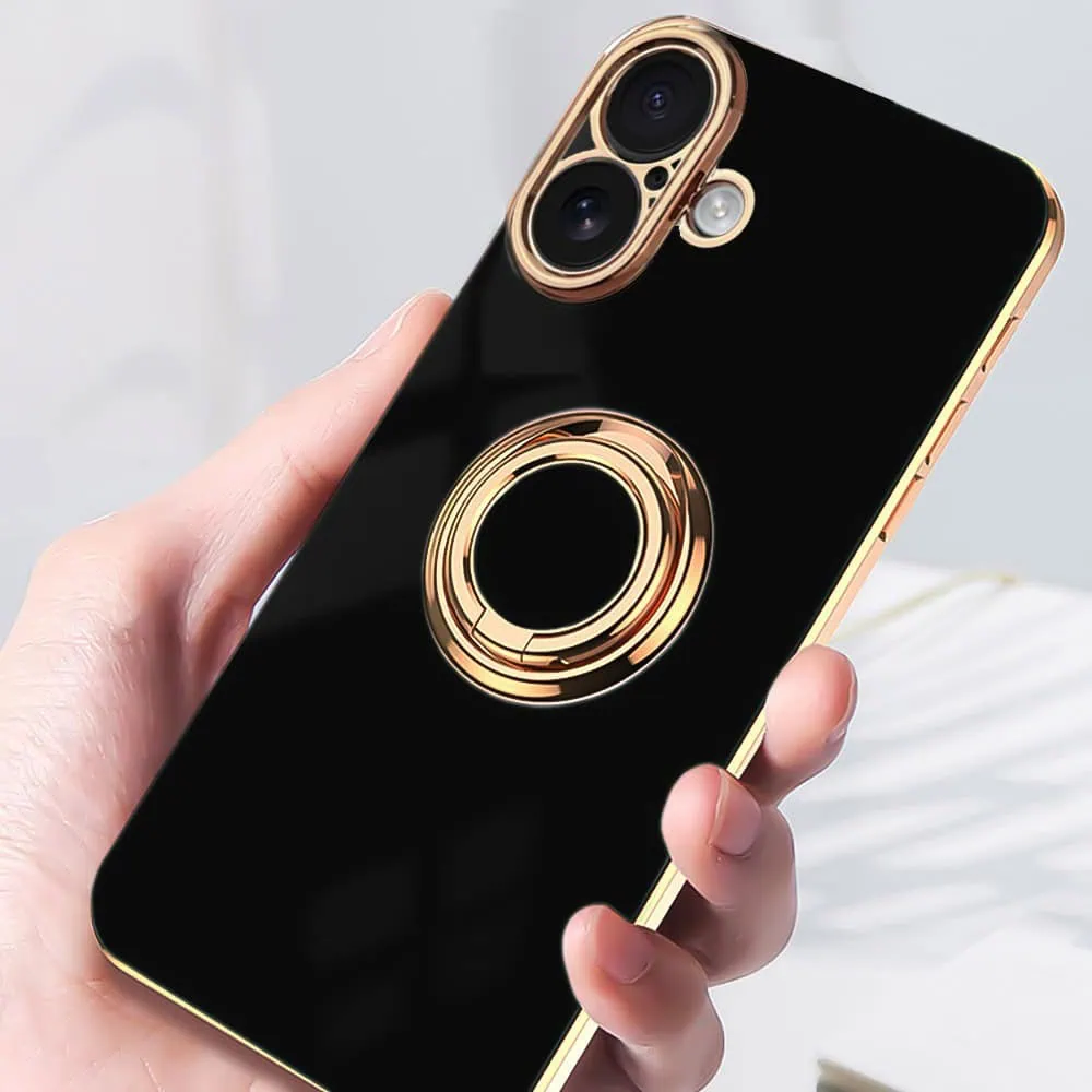 Etui do iPhone 16 eleganckie, ze złotym, metalowym uchwytem i zdobieniami, osłona na aparat, czarne (OUTLET)