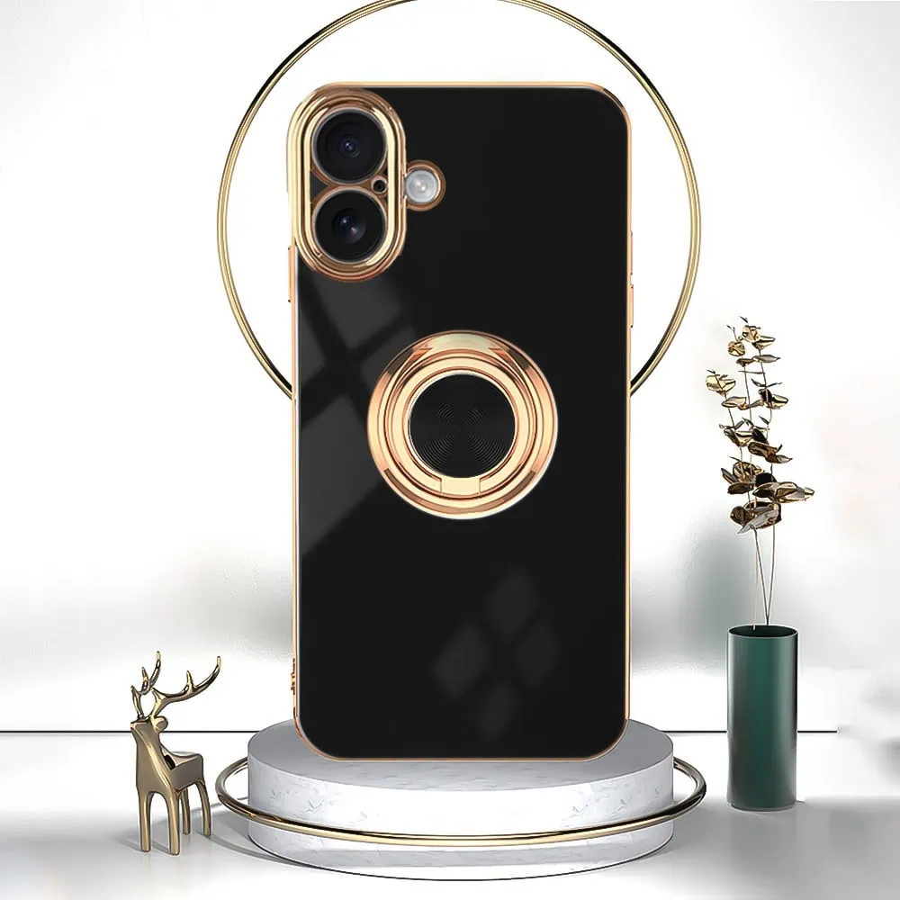 Etui do iPhone 16 eleganckie, ze złotym, metalowym uchwytem i zdobieniami, osłona na aparat, czarne (OUTLET)