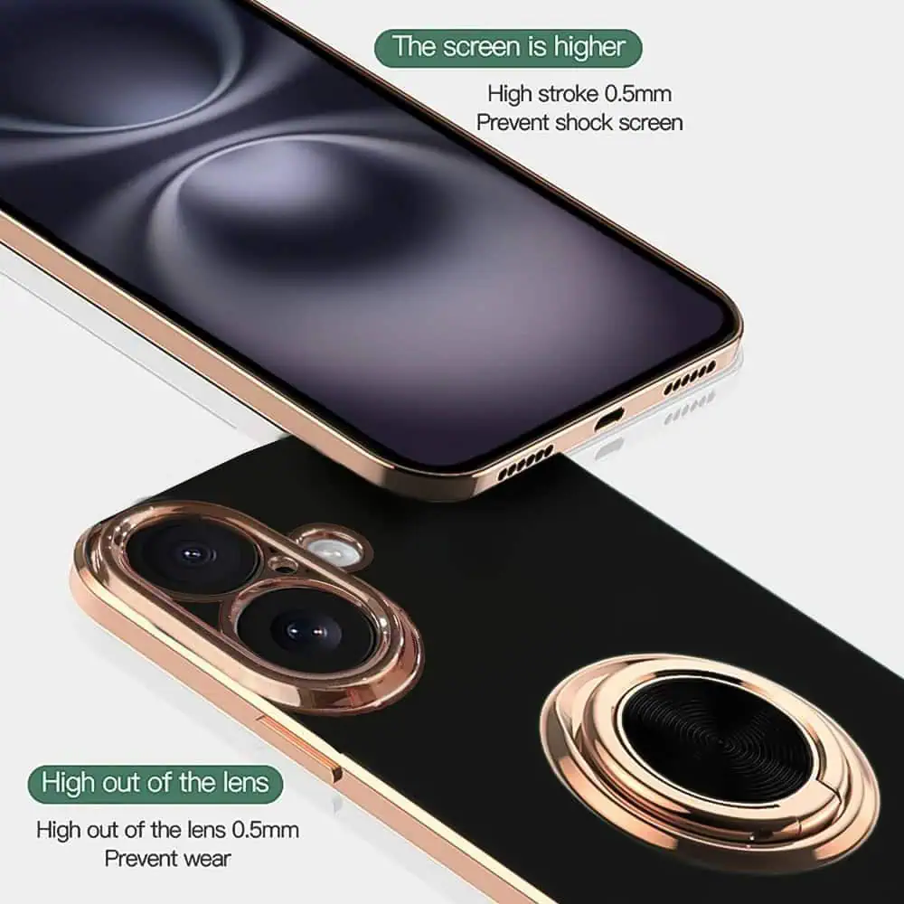 Etui do iPhone 16 eleganckie, ze złotym, metalowym uchwytem i zdobieniami, osłona na aparat, czarne (OUTLET)