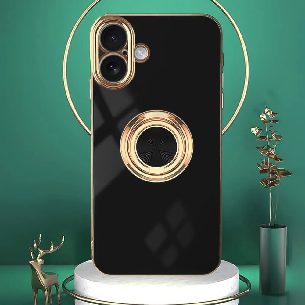 Etui do iPhone 16 eleganckie, ze złotym, metalowym uchwytem i zdobieniami, osłona na aparat, czarne (OUTLET)