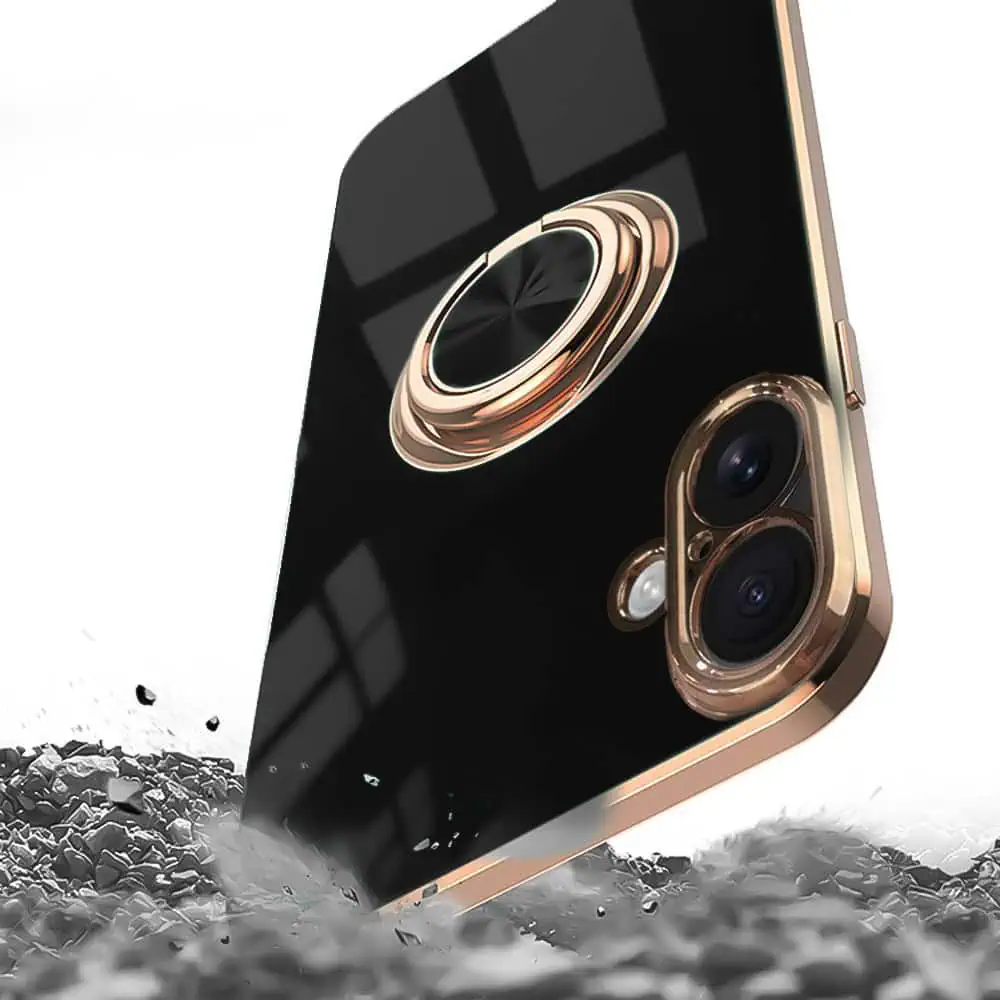 Etui do iPhone 16 eleganckie, ze złotym, metalowym uchwytem i zdobieniami, osłona na aparat, czarne (OUTLET)