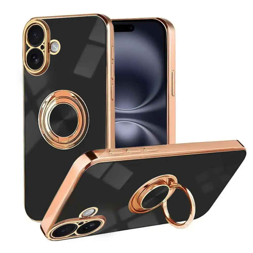 Etui do iPhone 16 eleganckie, ze złotym, metalowym uchwytem i zdobieniami, osłona na aparat, czarne (OUTLET)