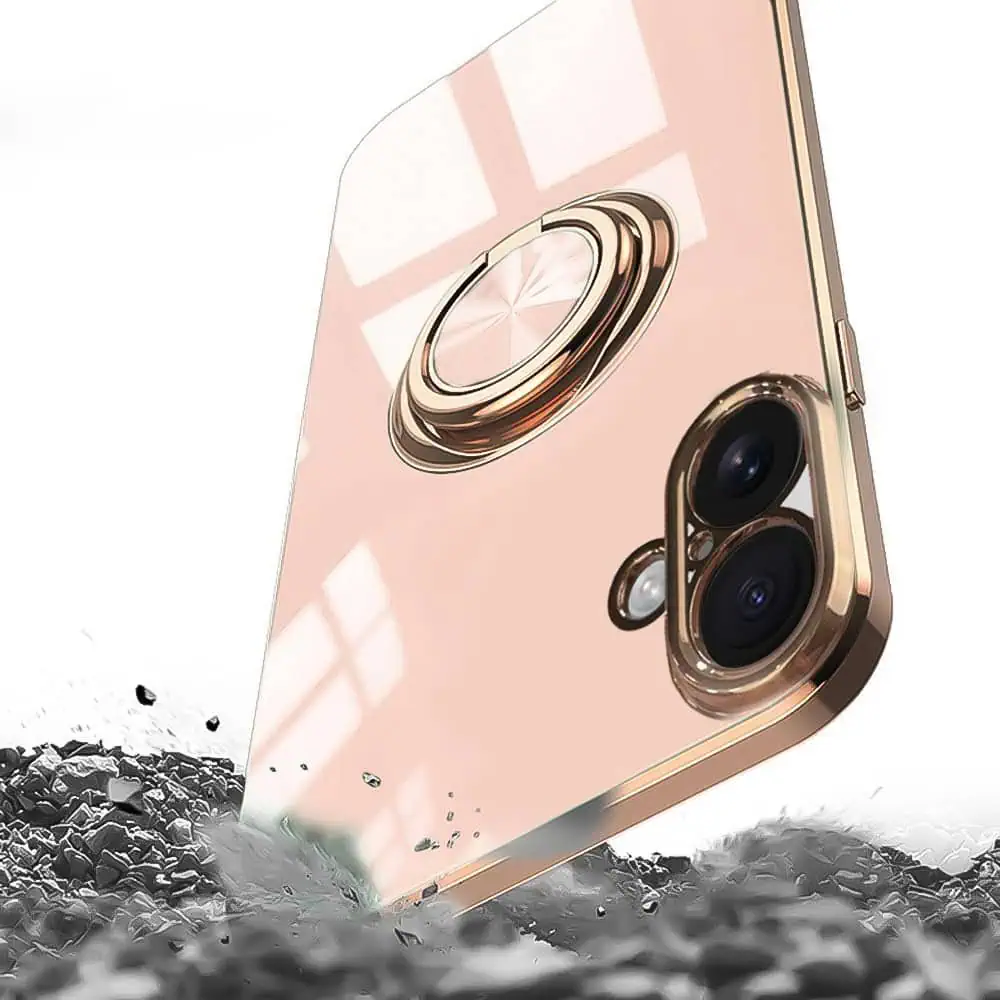 Etui do iPhone 16 eleganckie, ze złotym, metalowym uchwytem i zdobieniami, osłona na aparat, złoty róż