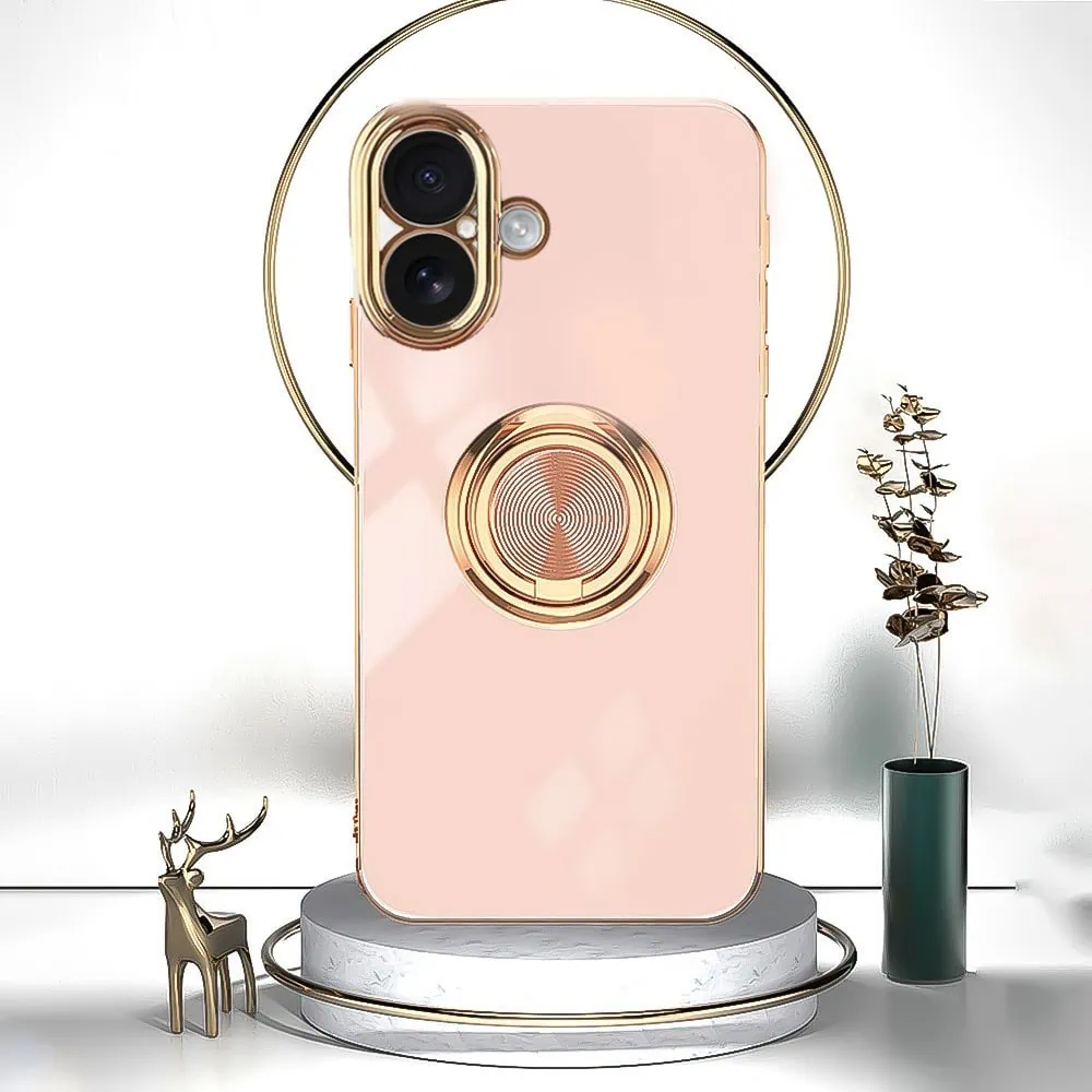 Etui do iPhone 16 eleganckie, ze złotym, metalowym uchwytem i zdobieniami, osłona na aparat, złoty róż