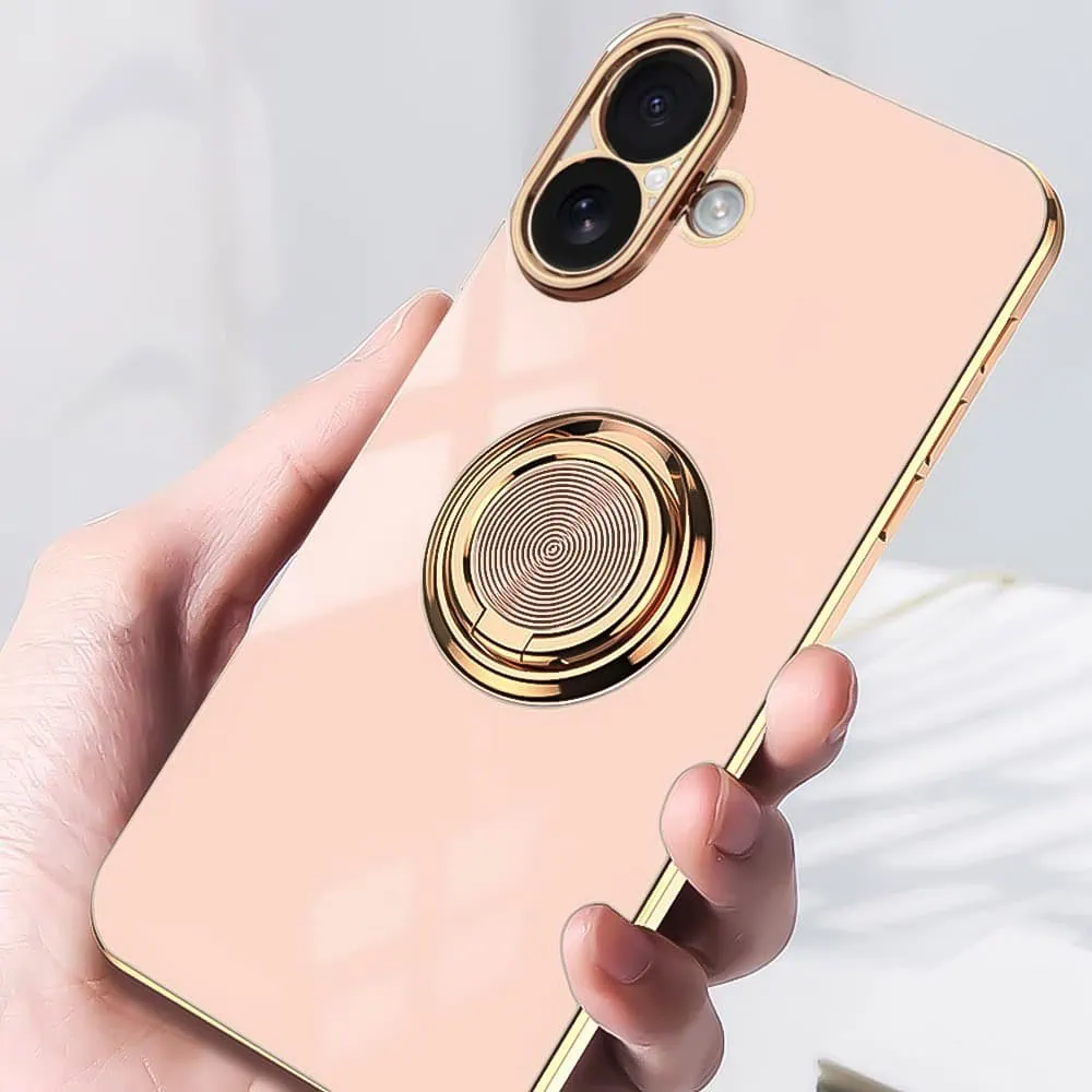 Etui do iPhone 16 eleganckie, ze złotym, metalowym uchwytem i zdobieniami, osłona na aparat, złoty róż