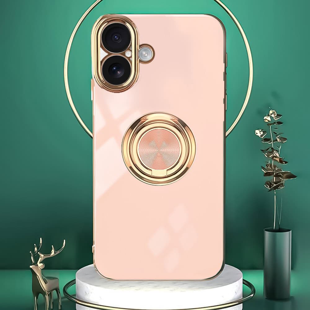 Etui do iPhone 16 eleganckie, ze złotym, metalowym uchwytem i zdobieniami, osłona na aparat, złoty róż