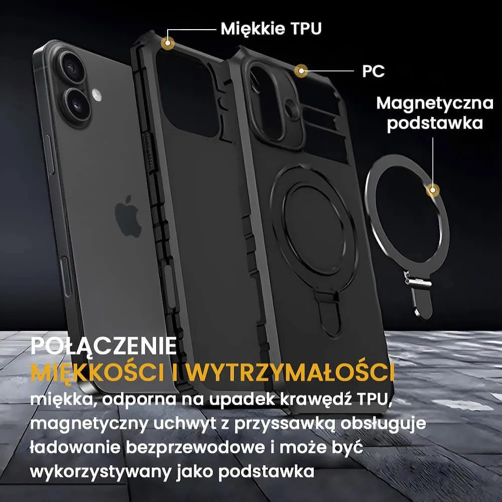 Etui do iPhone 16, pancerne, z osłoną aparatu i metalową podstawką MagSafe, czarne