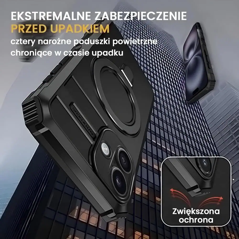 Etui do iPhone 16, pancerne, z osłoną aparatu i metalową podstawką MagSafe, czarne