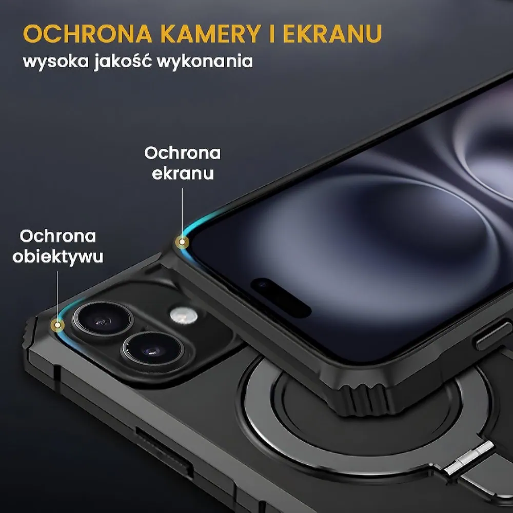 Etui do iPhone 16, pancerne, z osłoną aparatu i metalową podstawką MagSafe, czarne