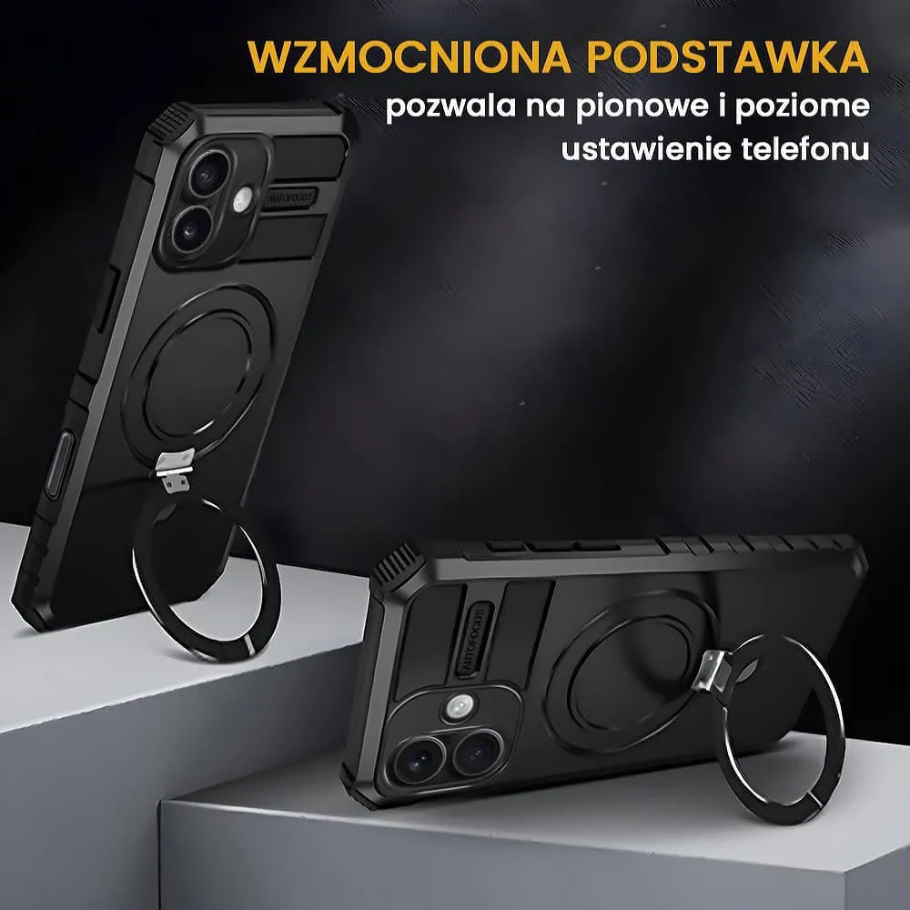 Etui do iPhone 16, pancerne, z osłoną aparatu i metalową podstawką MagSafe, czarne