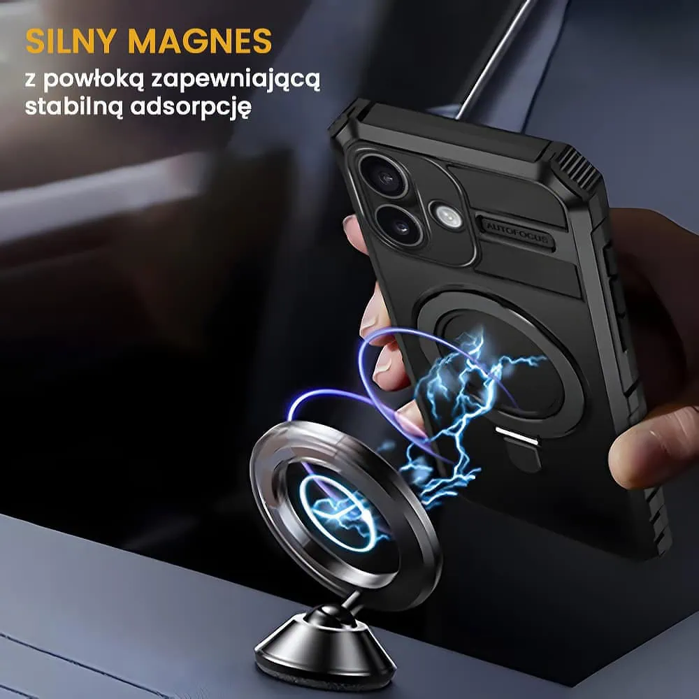 Etui do iPhone 16, pancerne, z osłoną aparatu i metalową podstawką MagSafe, czarne