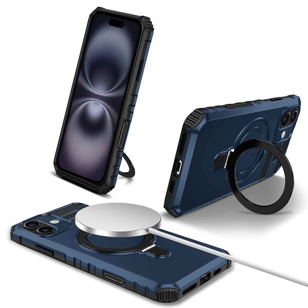 Etui do iPhone 16, pancerne, z osłoną aparatu i metalową podstawką MagSafe, granatowe