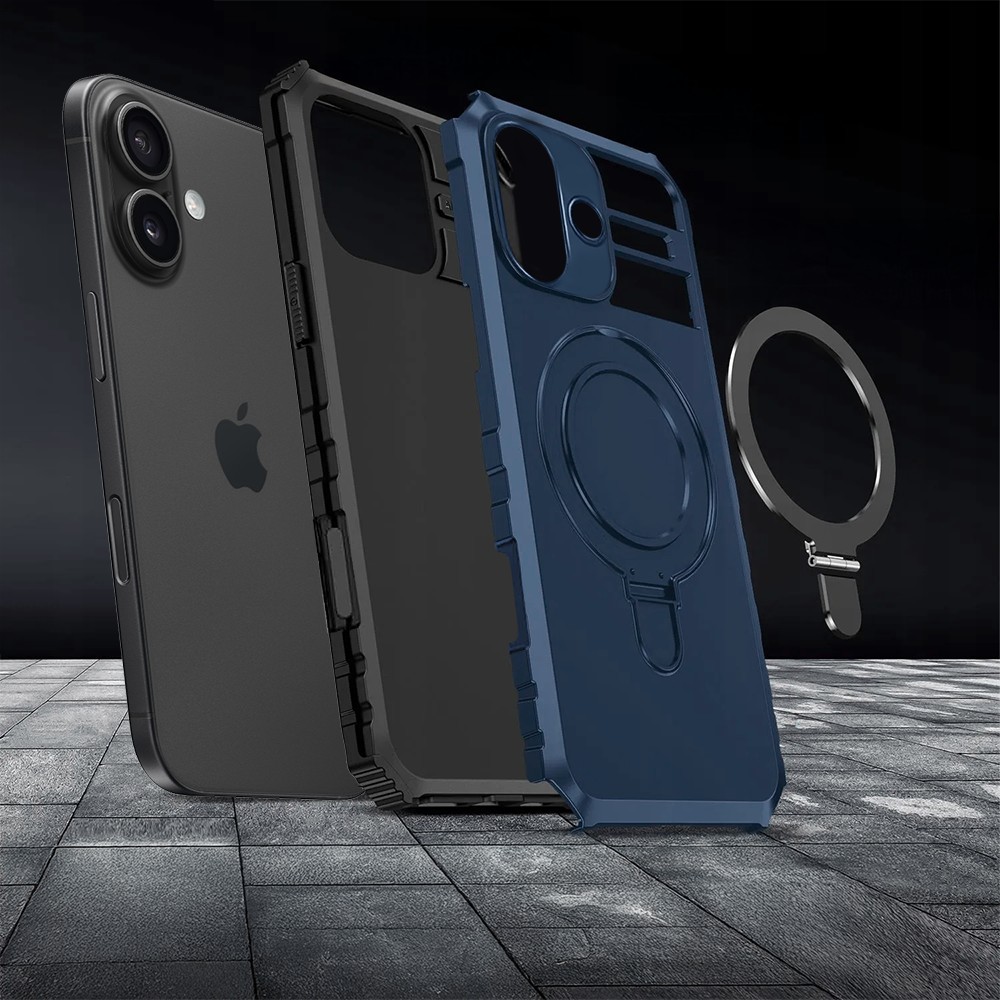 Etui do iPhone 16, pancerne, z osłoną aparatu i metalową podstawką MagSafe, granatowe