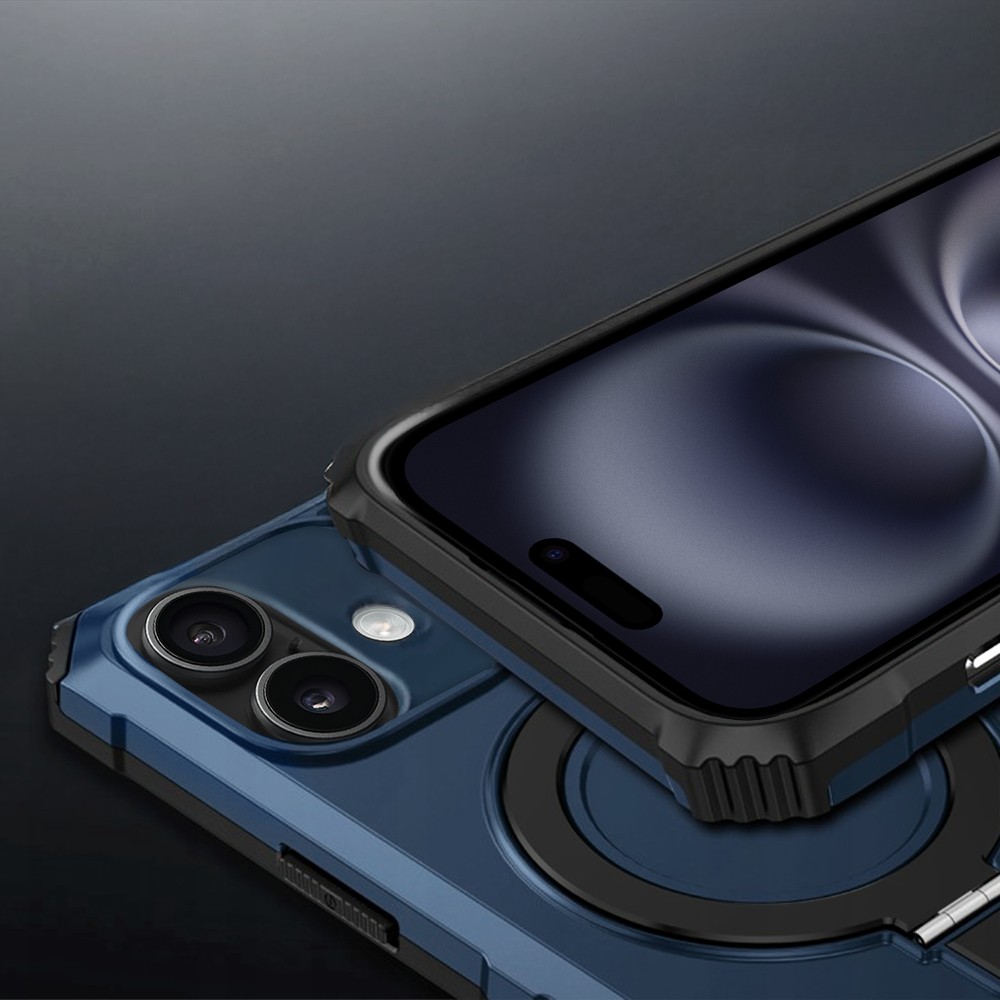 Etui do iPhone 16, pancerne, z osłoną aparatu i metalową podstawką MagSafe, granatowe