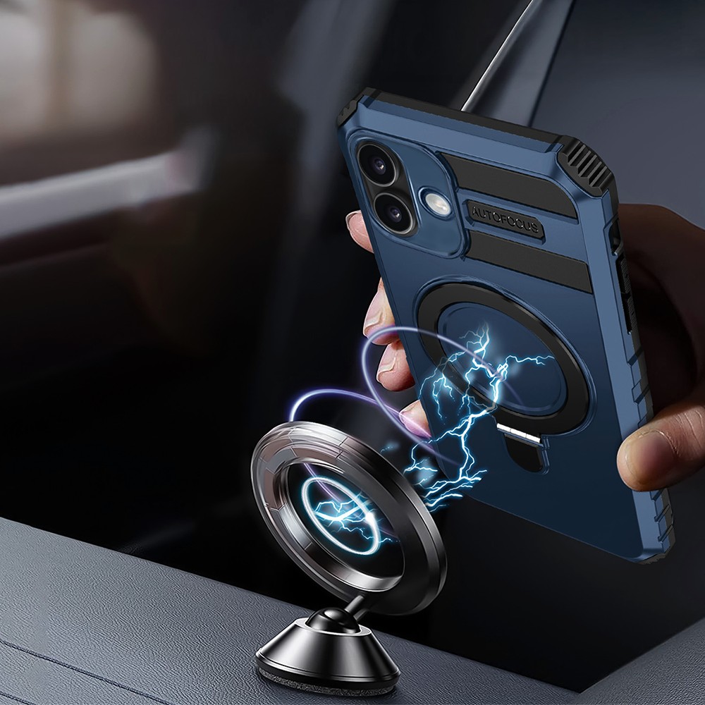 Etui do iPhone 16, pancerne, z osłoną aparatu i metalową podstawką MagSafe, granatowe