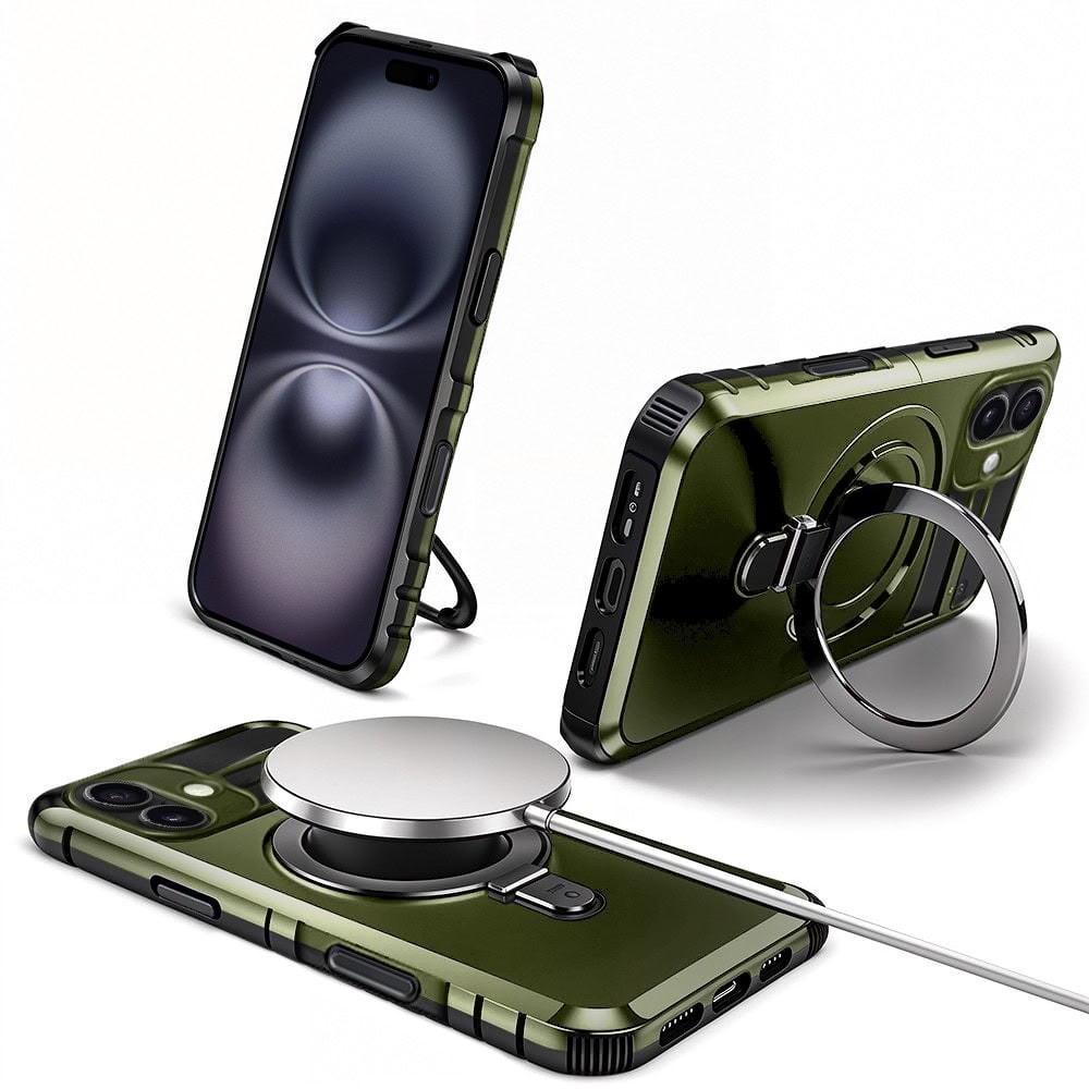 Etui do iPhone 16, pancerne, z osłoną aparatu i metalową podstawką MagSafe, wojskowa zieleń