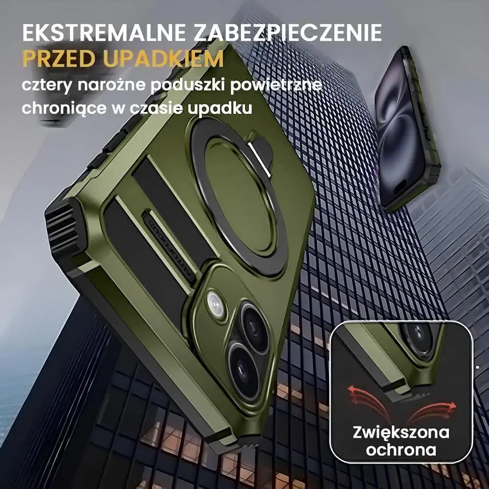 Etui do iPhone 16, pancerne, z osłoną aparatu i metalową podstawką MagSafe, wojskowa zieleń