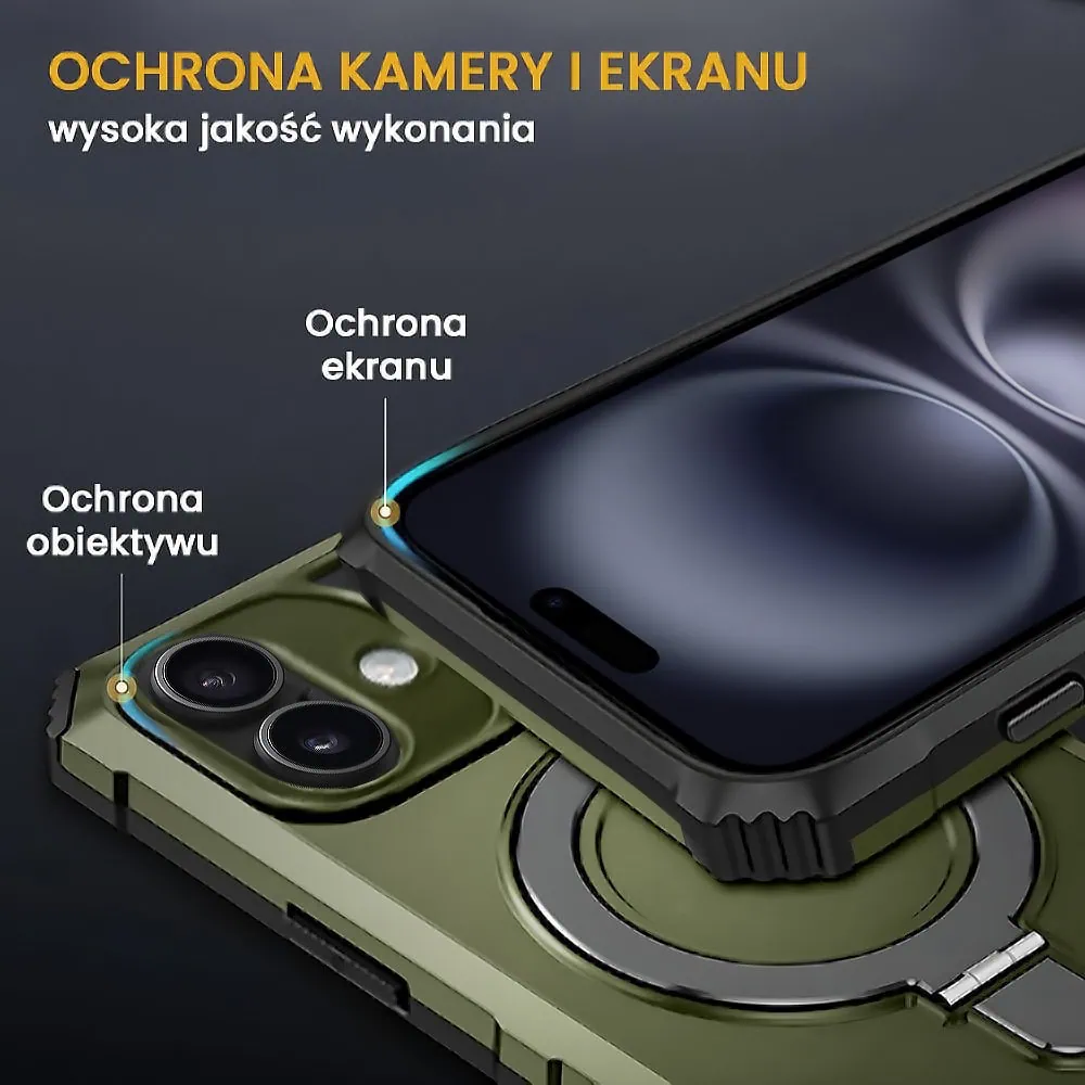 Etui do iPhone 16, pancerne, z osłoną aparatu i metalową podstawką MagSafe, wojskowa zieleń