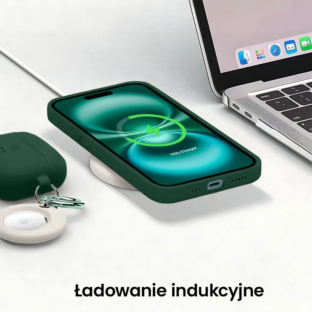 Etui do iPhone 16 silikonowe z mikrofibrą soft touch z osłoną na aparat, butelkowo zielone