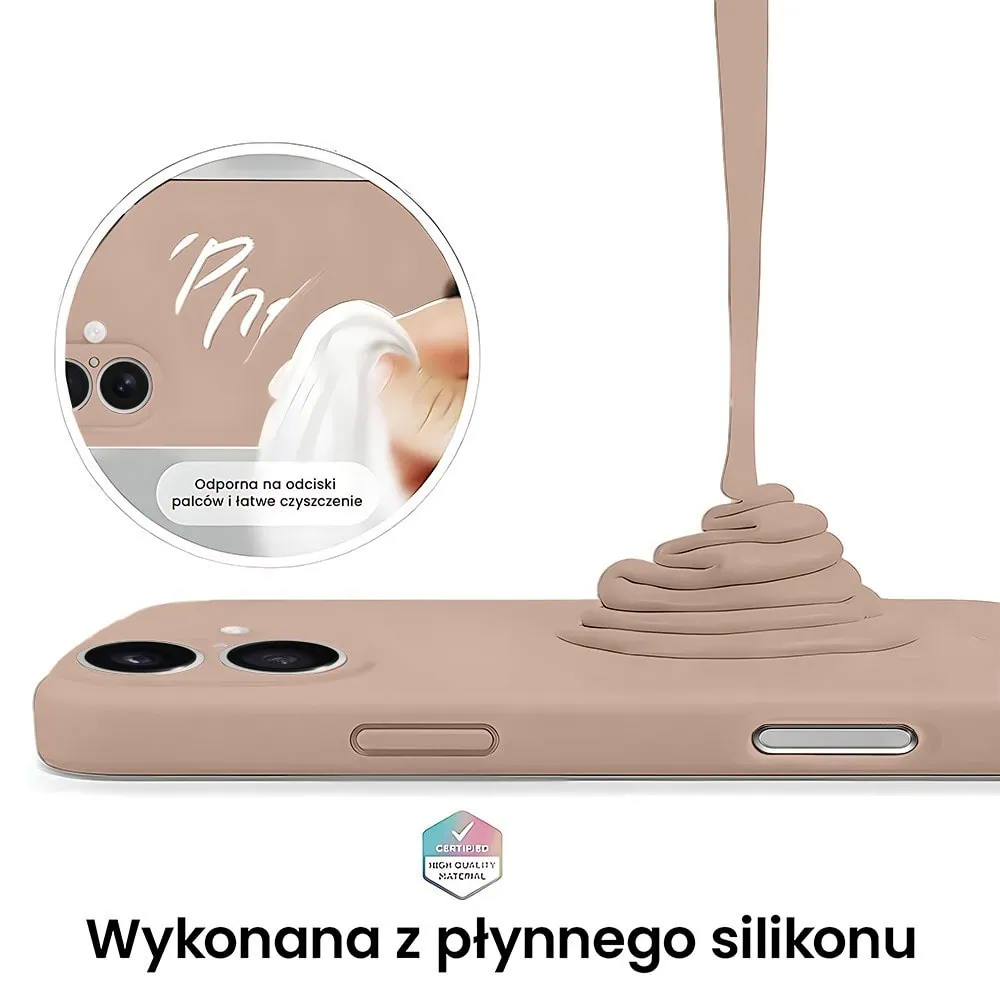 Etui do iPhone 16 silikonowe z mikrofibrą soft touch z osłoną na aparat, kawowe