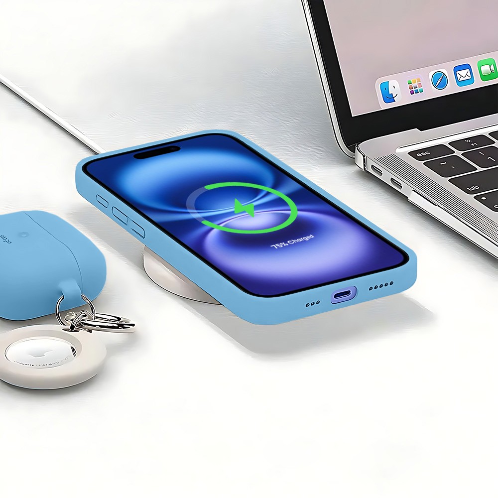 Etui do iPhone 16 Plus silikonowe z mikrofibrą soft touch z osłoną na aparat, niebieskie