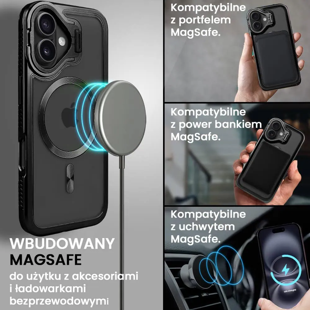Etui do iPhone 16 solidne, pogrubione boki, wbudowana podstawka, twardy tył z MagSafe, czarne