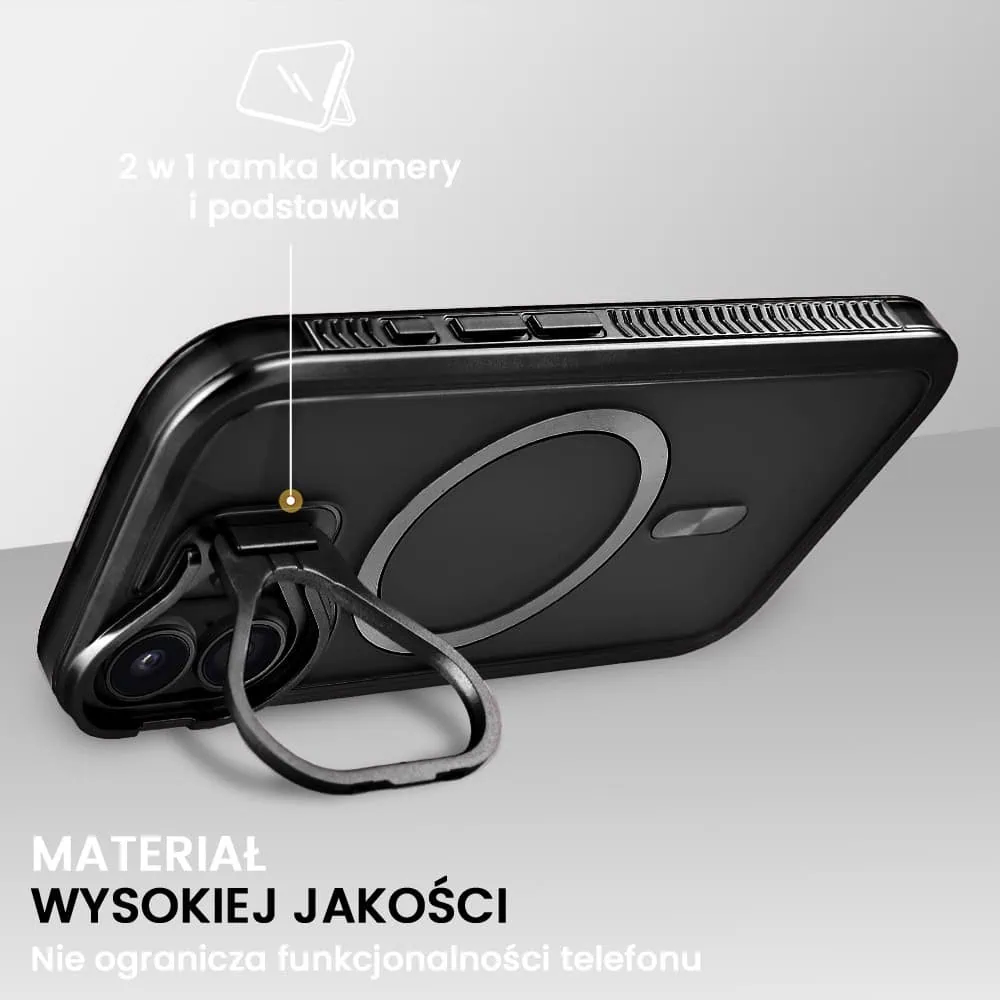 Etui do iPhone 16 solidne, pogrubione boki, wbudowana podstawka, twardy tył z MagSafe, czarne