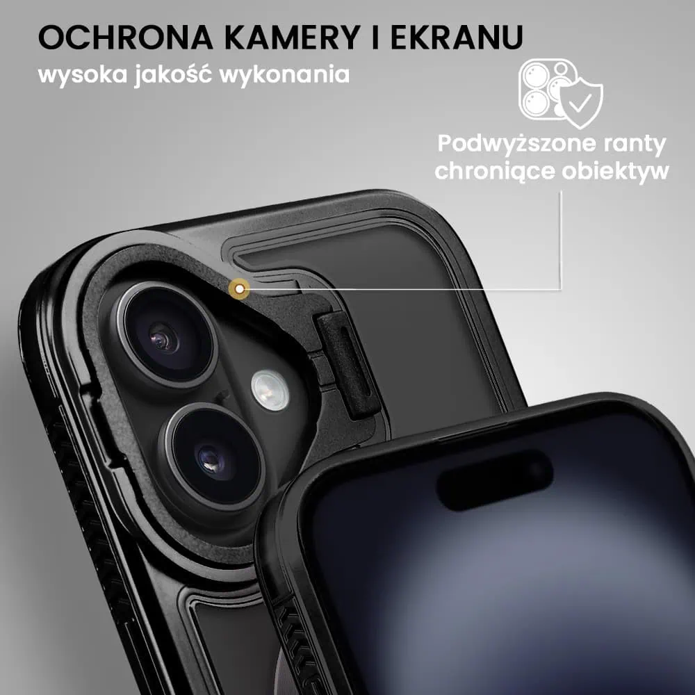 Etui do iPhone 16 solidne, pogrubione boki, wbudowana podstawka, twardy tył z MagSafe, czarne