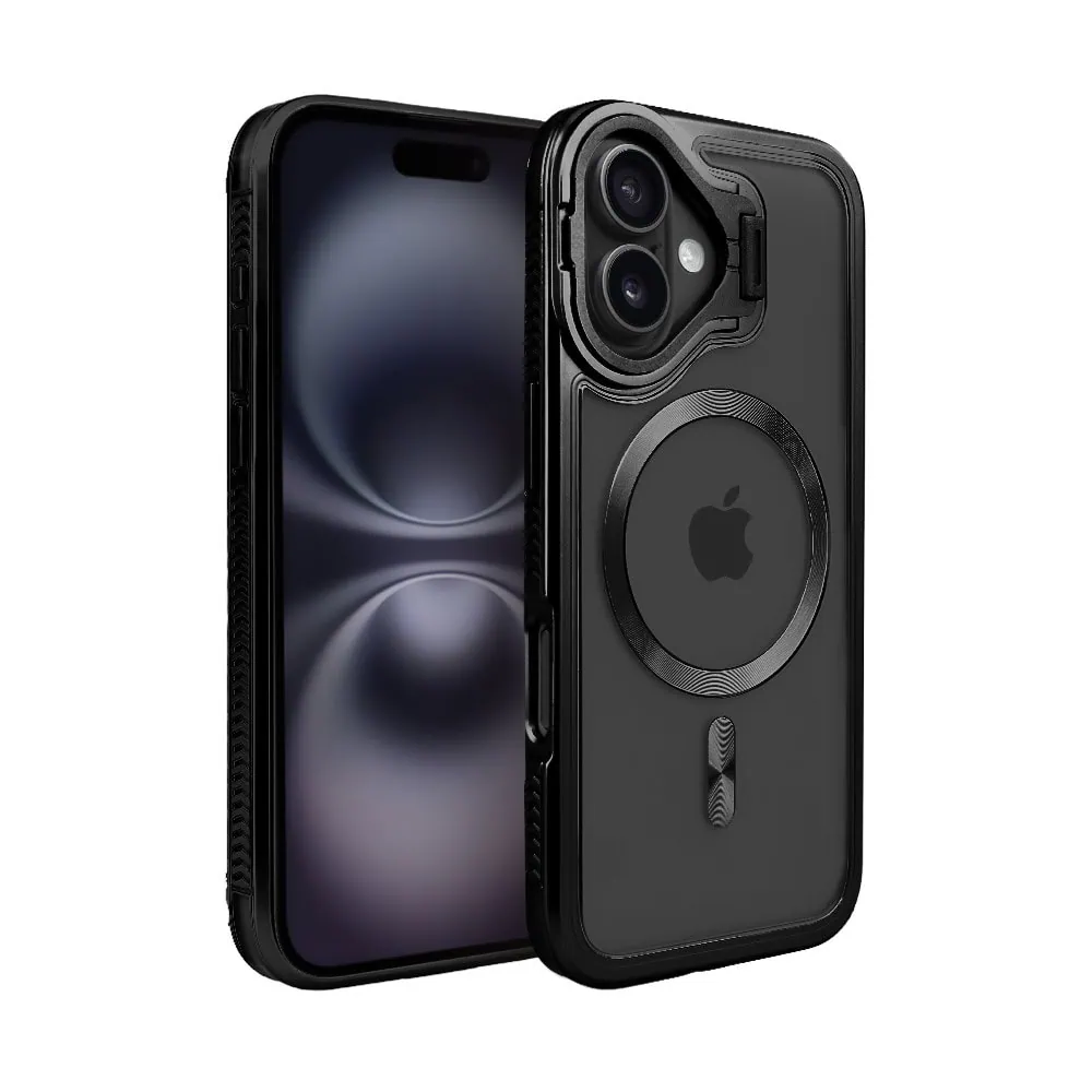 Etui do iPhone 16 solidne, pogrubione boki, wbudowana podstawka, twardy tył z MagSafe, czarne