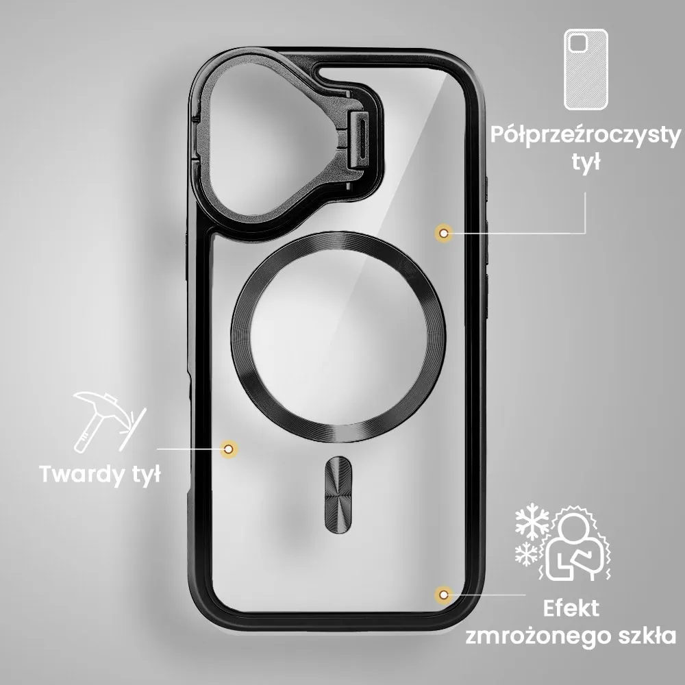 Etui do iPhone 16 solidne, pogrubione boki, wbudowana podstawka, twardy tył z MagSafe, czarne