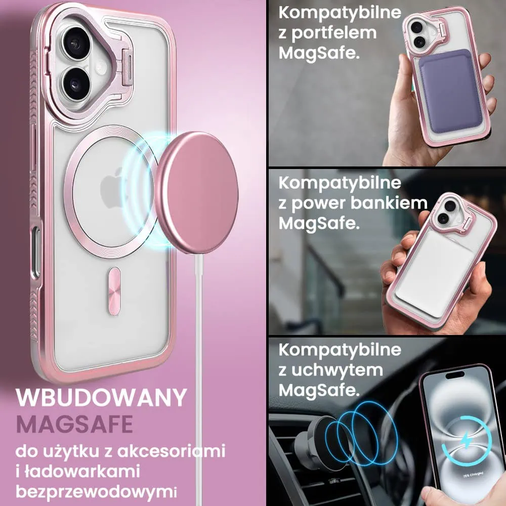 Etui do iPhone 16 solidne, pogrubione boki, wbudowana podstawka, twardy tył z MagSafe, różowe
