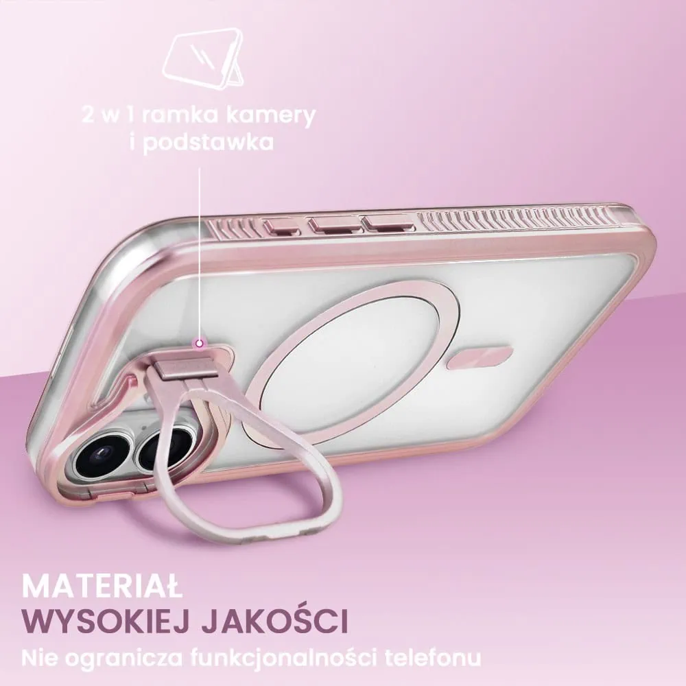 Etui do iPhone 16 solidne, pogrubione boki, wbudowana podstawka, twardy tył z MagSafe, różowe