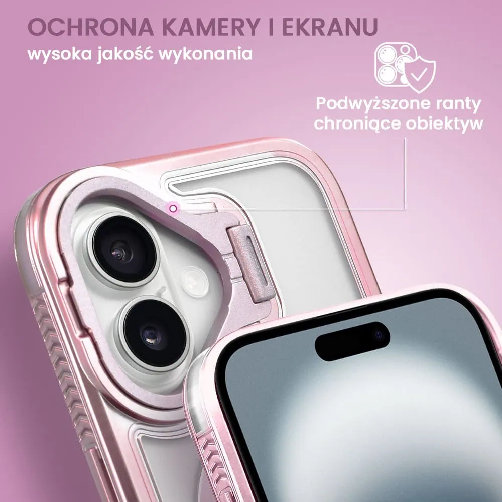 Etui do iPhone 16 solidne, pogrubione boki, wbudowana podstawka, twardy tył z MagSafe, różowe