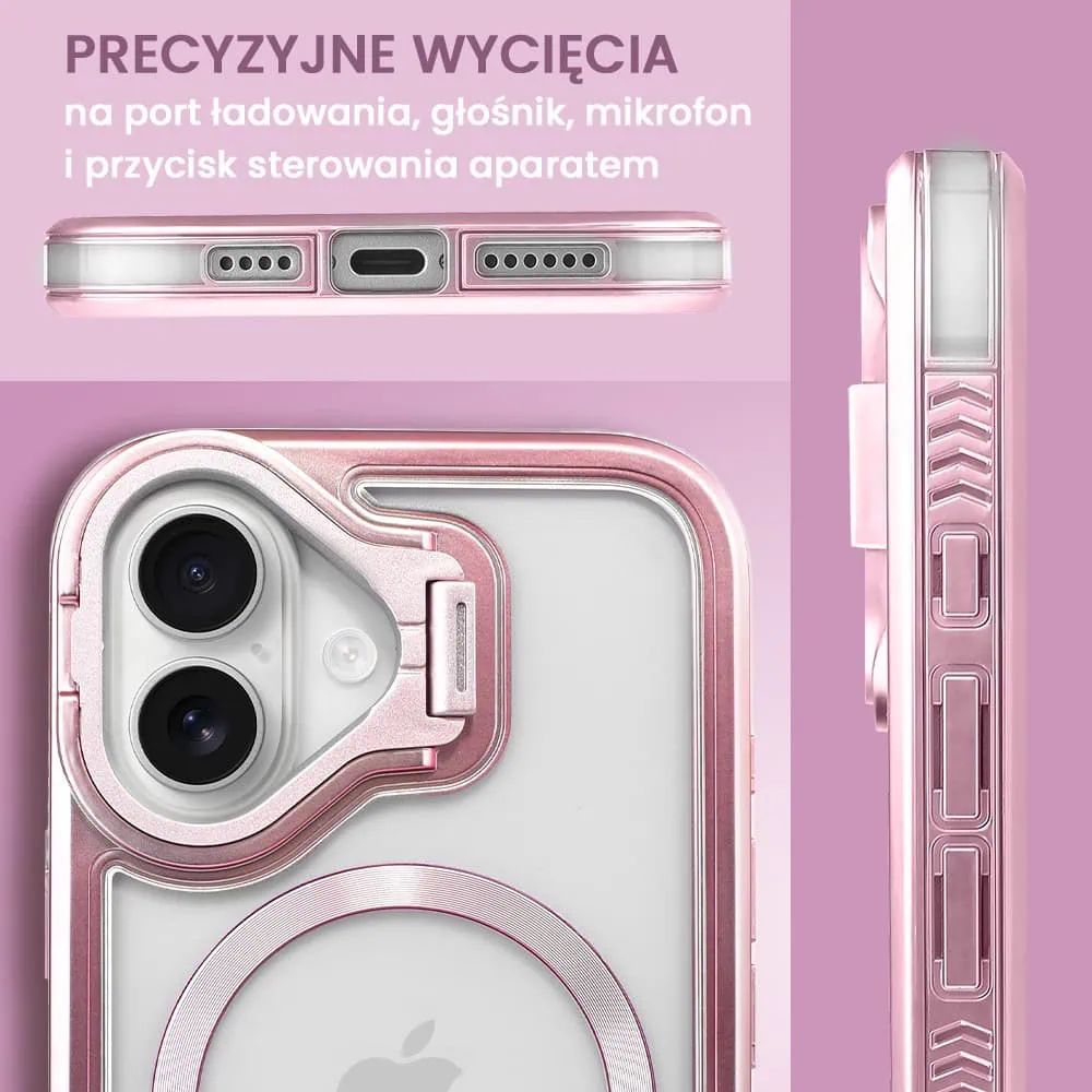Etui do iPhone 16 solidne, pogrubione boki, wbudowana podstawka, twardy tył z MagSafe, różowe