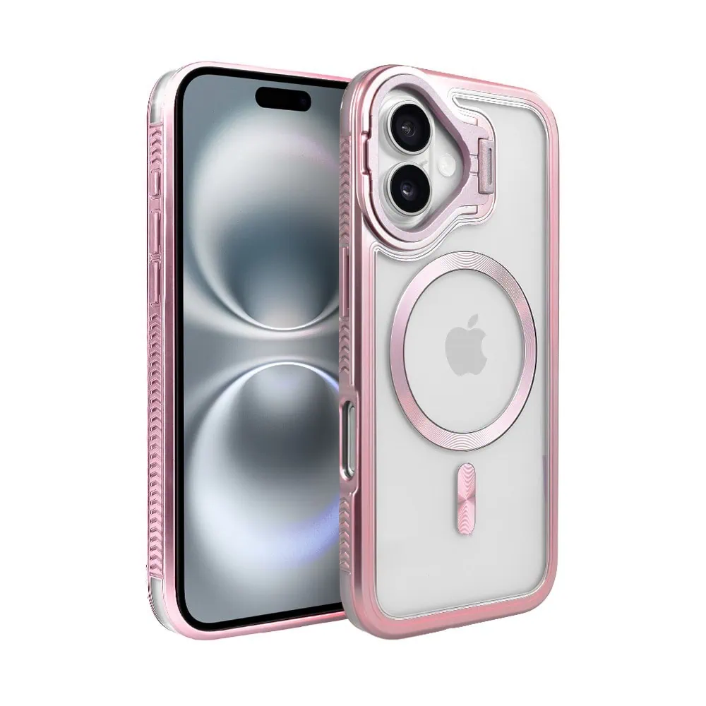 Etui do iPhone 16 solidne, pogrubione boki, wbudowana podstawka, twardy tył z MagSafe, różowe