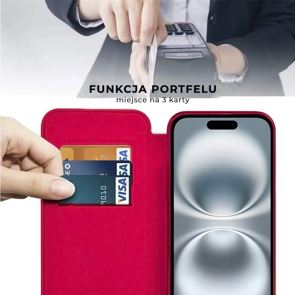 Etui do iPhone 16 typu książka Book Magsafe Lens Protect, z klapką, czerwone (OUTLET)