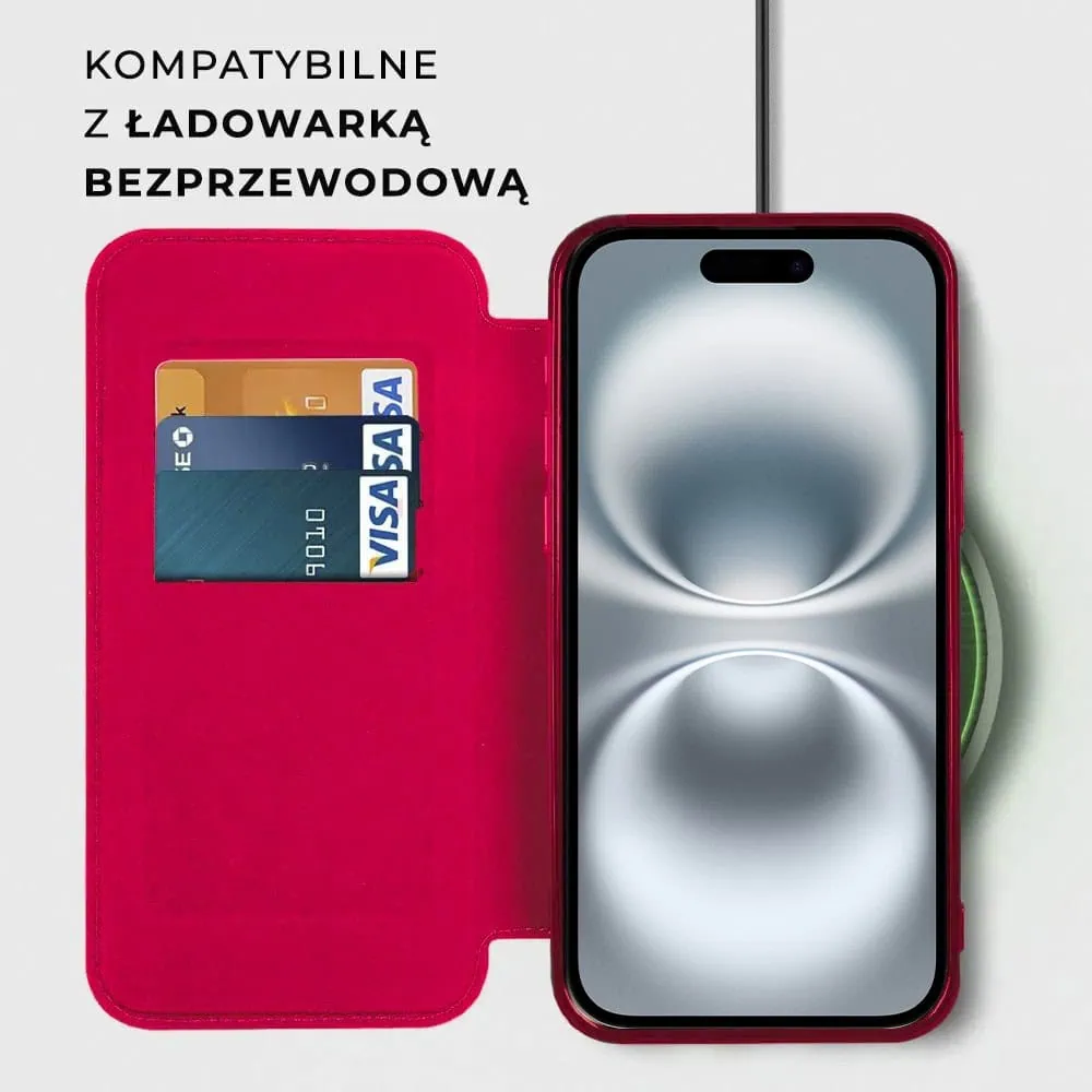 Etui do iPhone 16 typu książka Book Magsafe Lens Protect, z klapką, czerwone (OUTLET)