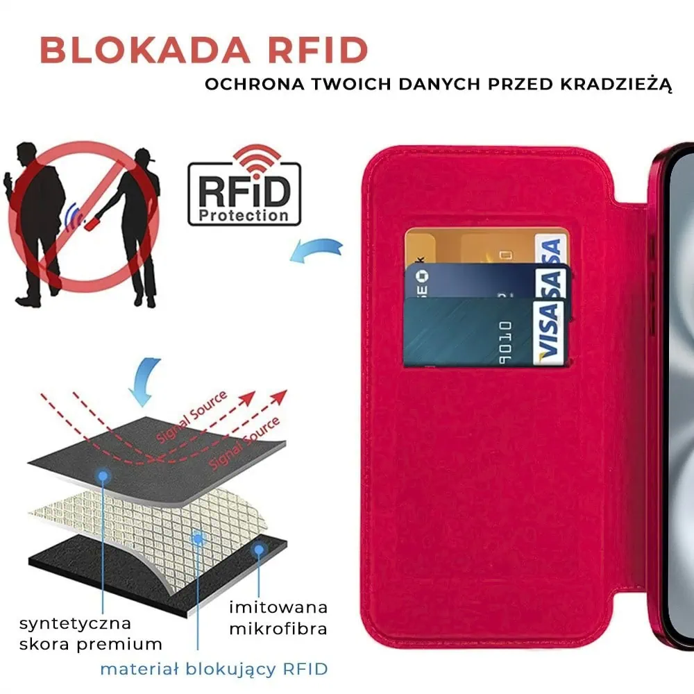 Etui do iPhone 16 typu książka Book Magsafe Lens Protect, z klapką, czerwone (OUTLET)