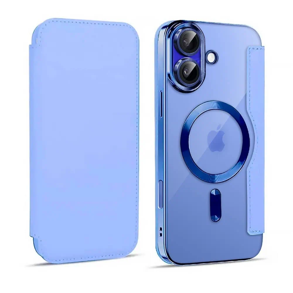 Etui do iPhone 16 typu książka Book Magsafe Lens Protect, z klapką, błękitne (OUTLET)