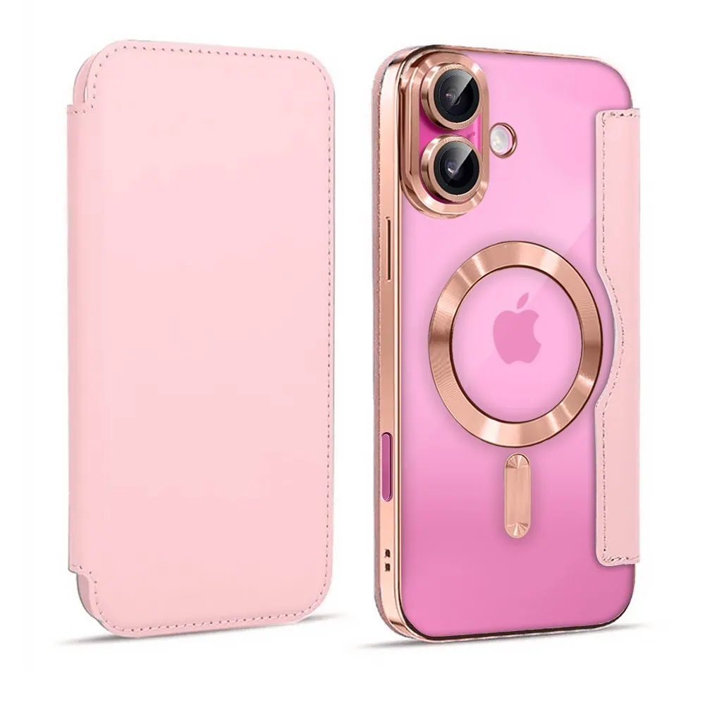 etui do iphone 16 typu książka book magsafe lens protect, z klapką, różowe