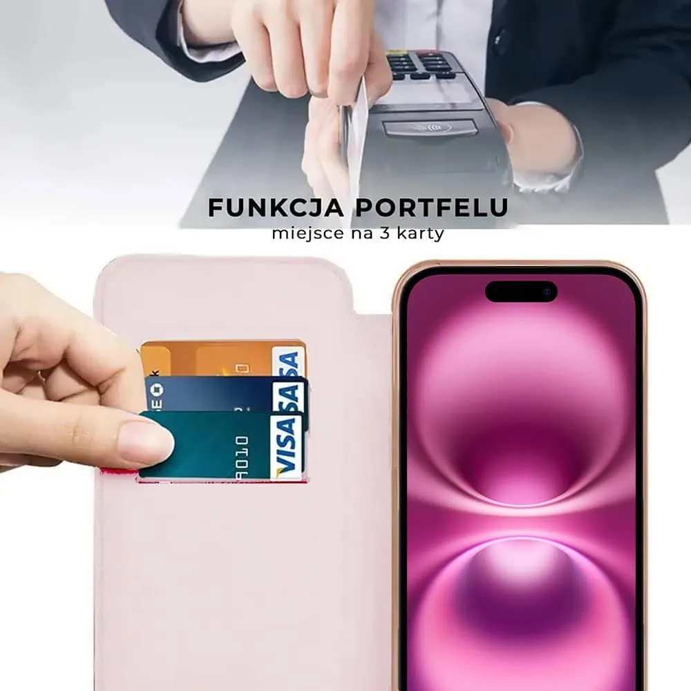 Etui do iPhone 16 Plus typu książka Book Magsafe Lens Protect, z klapką, różowe (OUTLET)